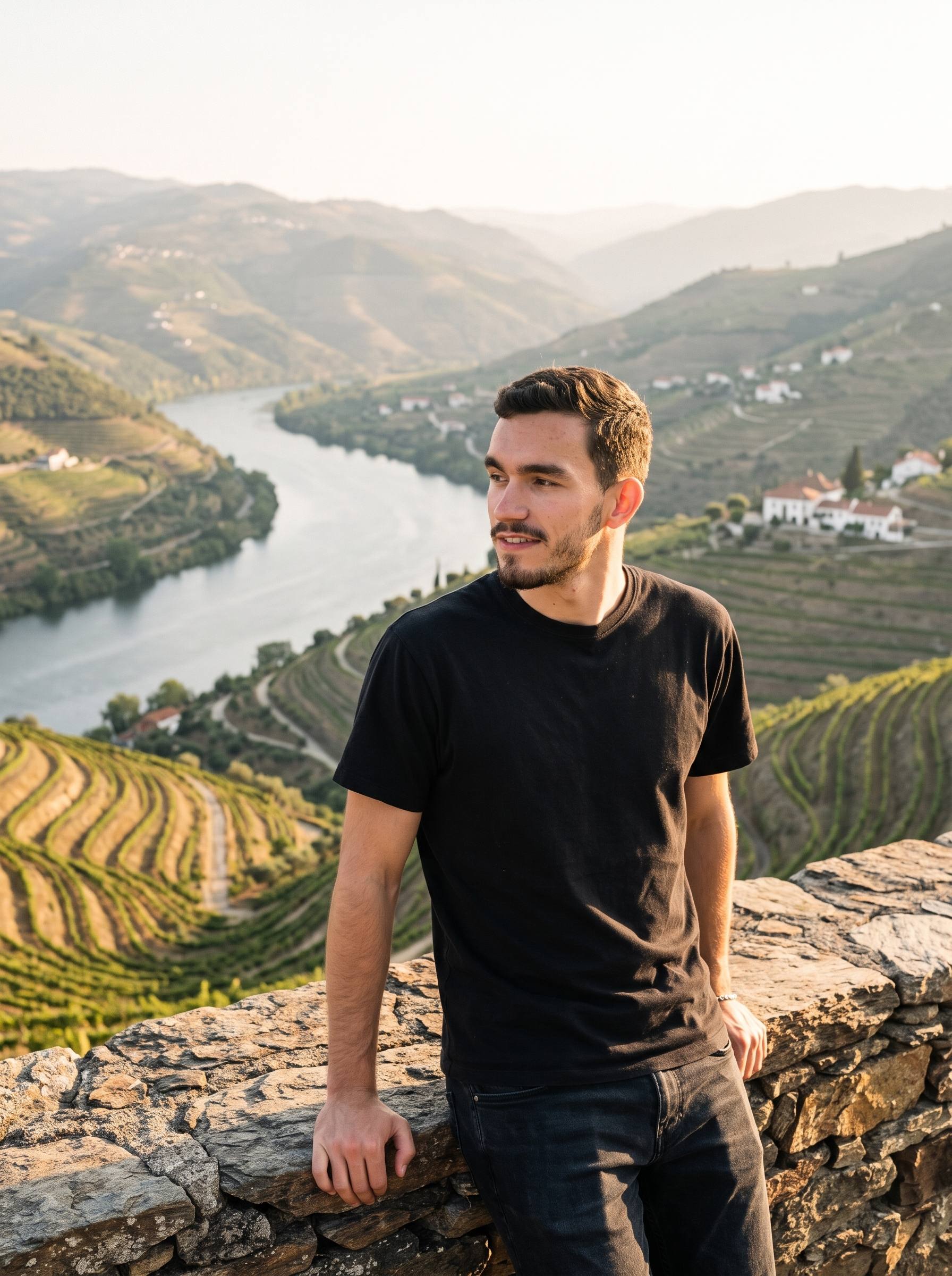 Michael Martinez at a viewpoint above the Douro, with terraced vineyards and the river behind him