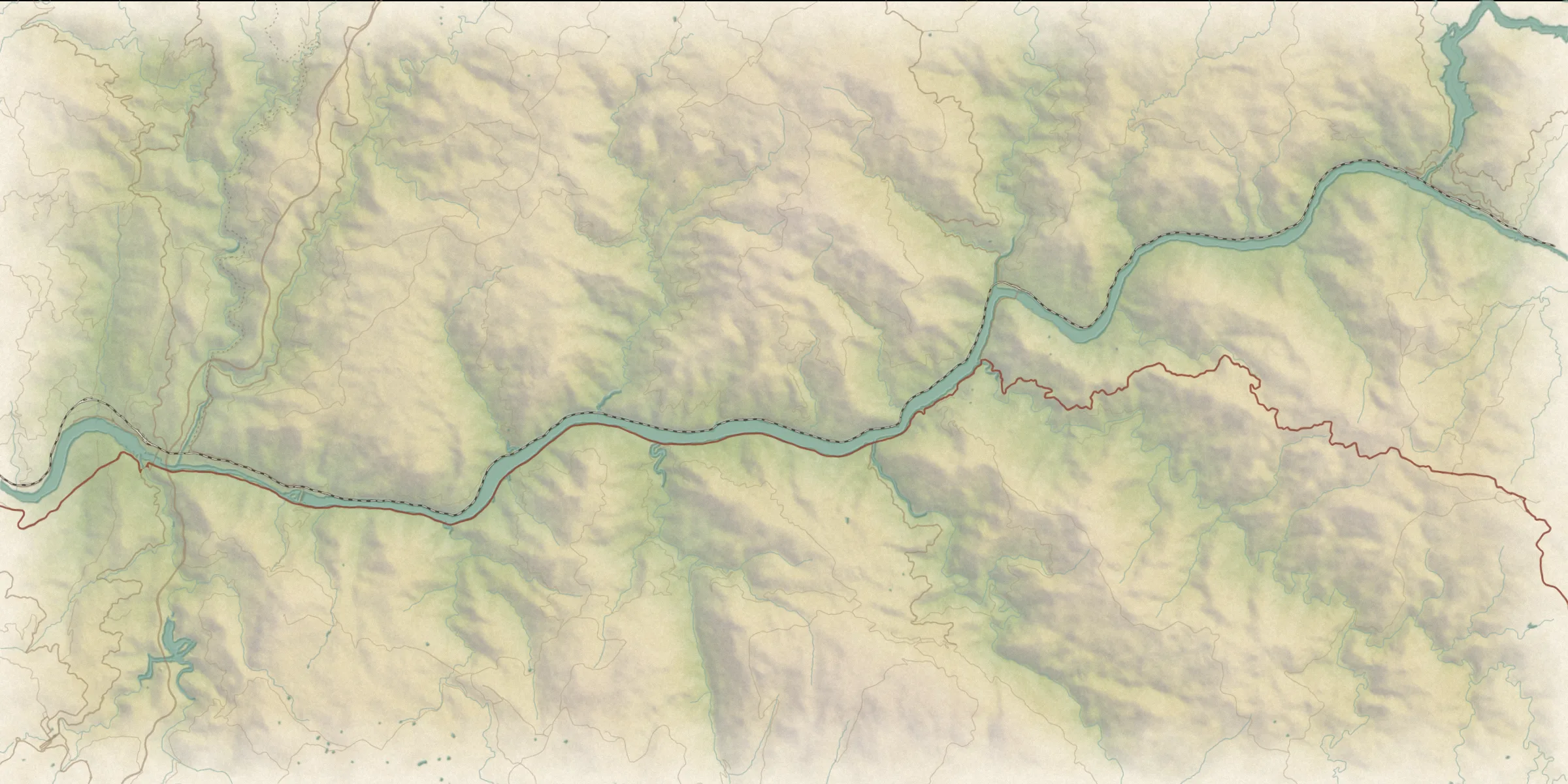 Watercolour map of the Douro valley between Peso da Régua and Tua, with the river, the railway on the north bank and the N222 road on the south bank.